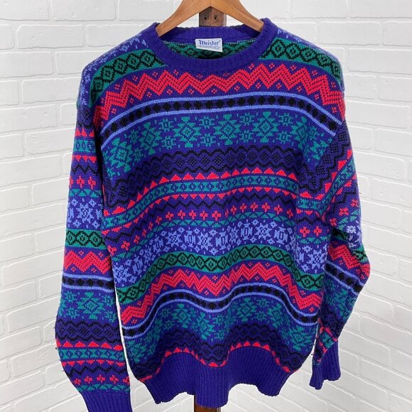 Meister Sweater Mens Large Blue Red Fair Isle‎ Ski Wool 80s VTG Hong Kong - Picture 1 of 9